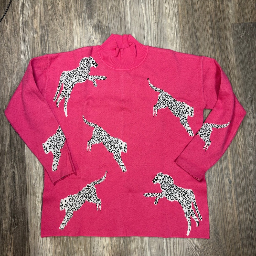 Hot Pink Leopard Print Barbiecore Mock Neck Knit Sweater XL Relaxed Fit Shein